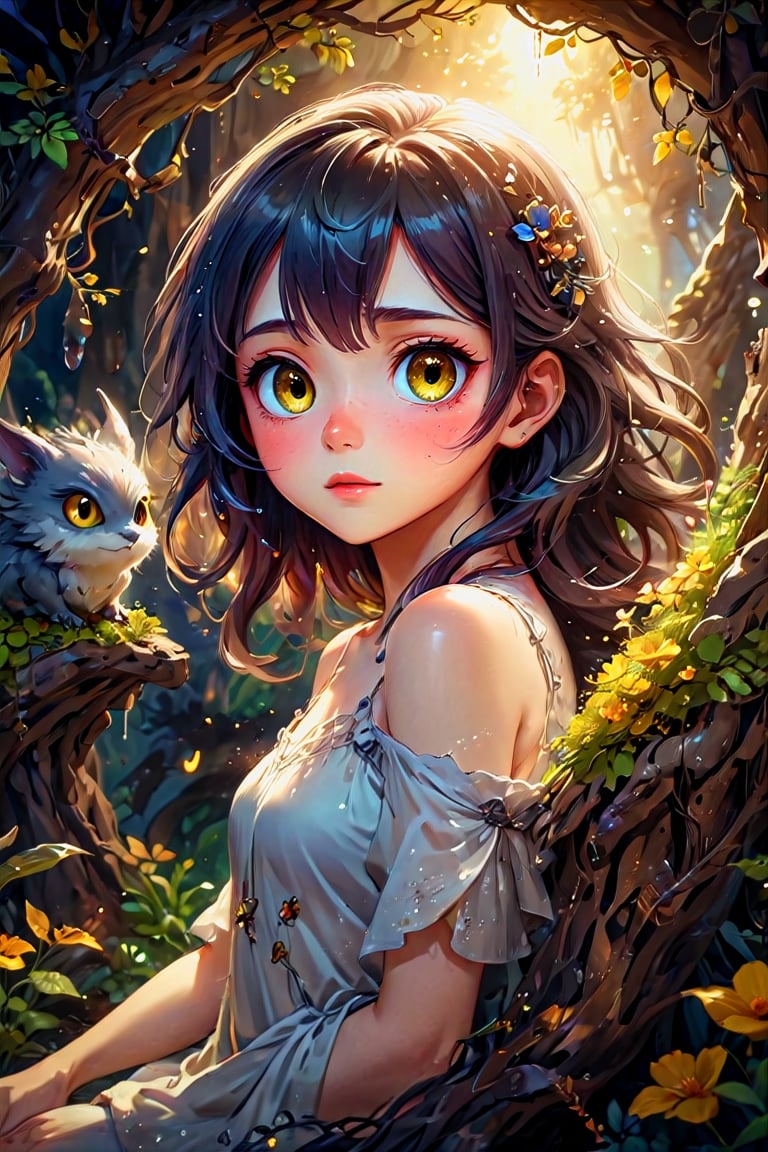 a cute korean large-eyed girl, slender and small face, slight smile, bangs, long wavi hair, fairytale Realistic digital art, manga style, dark atmosphere texture, oil ink and wash painting, tiny creature with huge yellow eyes nestled in a beautiful flowered nest, surrounded by silver crystals. Imagine vibrant colors, magical flora, and ethereal lighting to bring the scene to life. Request meticulous attention to detail, ensuring the creature blends seamlessly with its fantastical surroundings, creating a whimsical and captivating image, octane rendering, ray tracing, 3d rendering, surrealistic and fantastic dreamy landscapes, provocative pose, dynamic pose, beautiful legs, sfumato, surrealism, cinematic, masterpiece, combines fantasy and reality, fairytale elements, smooth, Strong and contrasting colors, vivid colors, rich colors, combination of various colors and shades, highly details, best Quality, Tyndall effect, good composition, free composition, spatial effects, lively and deep art, warm soft light, three-dimensional lighting, volume lighting, back lighting hair, Film light, dynamic lighting