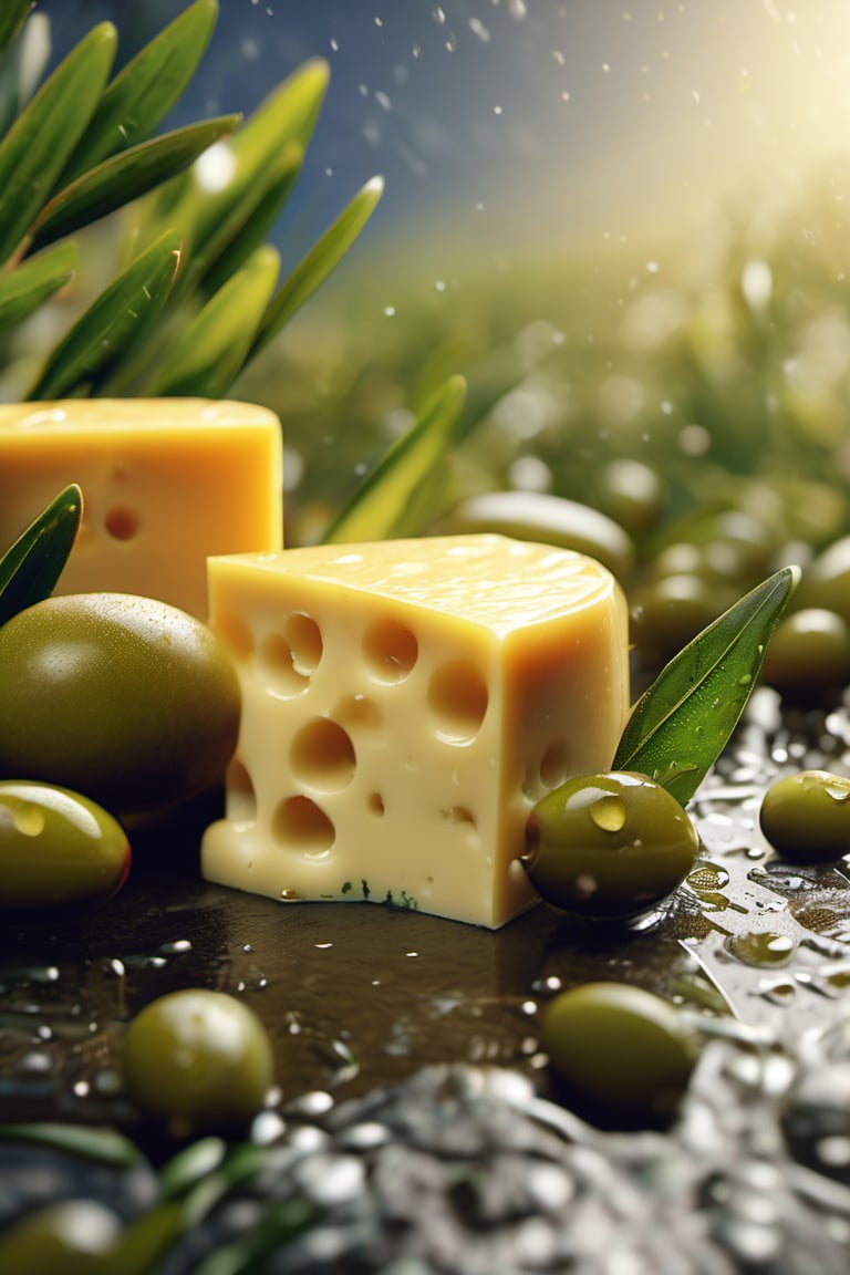 RAW natural photo of rain almounds cheese, masterpiece, oiled, side shot, ultra hd, realistic, olives, leaves of olive, vivid colors, highly detailed, perfect composition, beautiful, almounds, detailed intricate insanely detailed octane render trending on artstation, 8k artistic photography, photorealistic concept art, soft natural volumetric cinematic perfect light