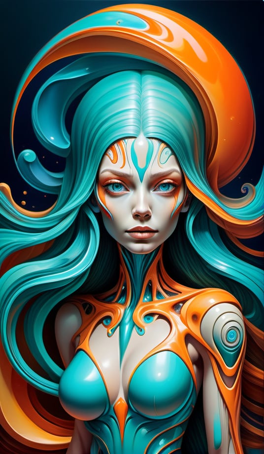Raw, art illustration, hyperrealistic, style of Alex Grey, (teal and orange), beautiful woman, full body, long hair, breasts,  regatta, full-body side woman, saturated colors, psychedelic image, LSD, fractal, tattoo, painted body, bride, body tilted forward, lots of color saturation, intricated line, woman, vortex, ultra realistic, melting, swirl, xolorful, pastel color,  Leonardo Style,greg rutkowski,Magical Fantasy style,vector art illustration,chibi,cyborg style