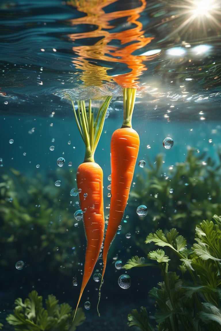 RAW natural photo of carrots, submerging in to the water, submarine shot, with air bubbles, side shot, side shot, ultra hd, realistic, vivid colors, highly detailed, perfect composition, beautiful detailed intricate insanely detailed octane render trending on artstation, 8k artistic photography, photorealistic concept art, soft natural volumetric cinematic perfect light