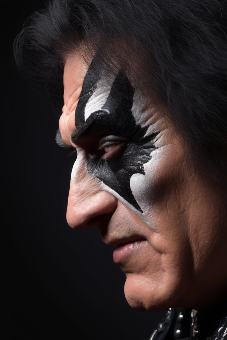 RAW natural photo OF Gene Simmons kiss, slim body, realisct, no friendly, ((full body)), sharp focus, depth of field, shoot, ,side shot, side shot, ultra hd, realistic, vivid colors, highly detailed, perfect composition, 8k artistic photography, photorealistic concept art, soft natural volumetric cinematic perfect light, black background studio, ,OHWX, ,OHWX WOMEN 