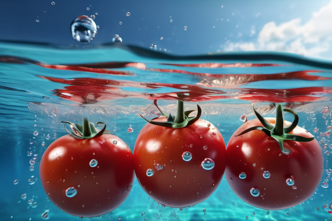 RAW natural photo of red tomatoes underwater, submerging in to the water, submarine shot, with air bubbles, side shot, side shot, ultra hd, realistic, vivid colors, highly detailed, perfect composition, beautiful detailed intricate insanely detailed octane render trending on artstation, 8k artistic photography, photorealistic concept art, soft natural volumetric cinematic perfect light