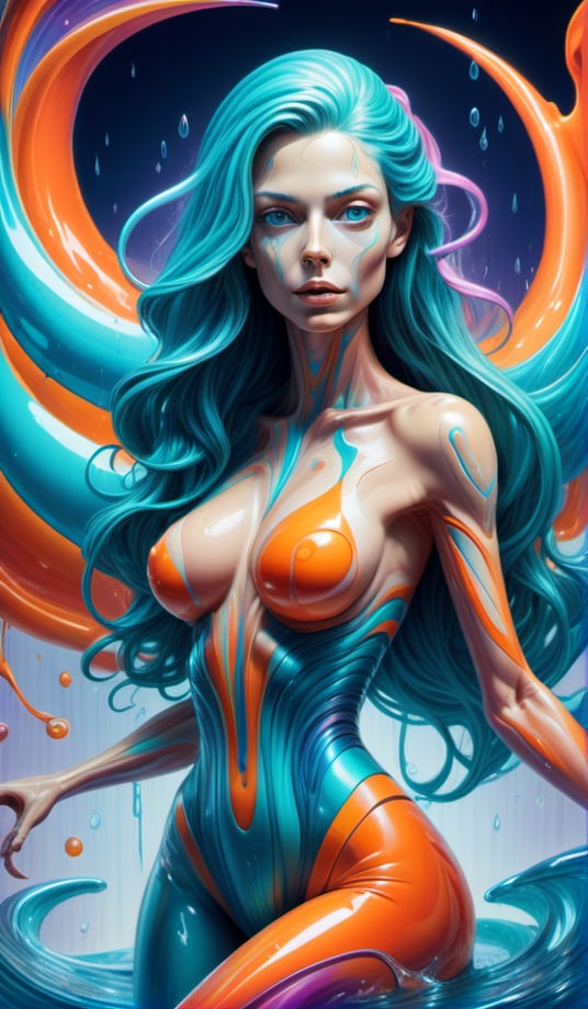 Raw, art illustration, hyperrealistic, style of Alex Grey, (teal and orange), beautiful woman, full body, long hair, breasts,  regatta, full-body side woman, saturated colors, psychedelic image, LSD, fractal, tattoo, painted body, bride, body tilted forward, lots of color saturation, intricated line, woman, vortex, ultra realistic, melting, swirl, xolorful, pastel color,  Leonardo Style,greg rutkowski,Magical Fantasy style,vector art illustration,chibi,cyborg style dildos rain, dildos, vagina, niples, ((view back model)), doggy position, doggy-style