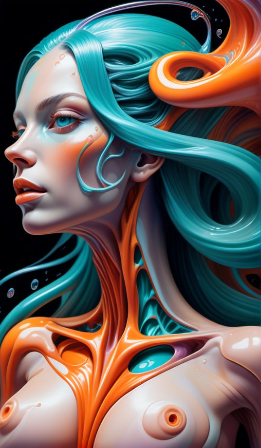 Raw, art illustration, hyperrealistic, style of Alex Grey, (teal and orange), beautiful woman, full body, long hair, breasts,  regatta, full-body side woman, saturated colors, psychedelic image, LSD, fractal, tattoo, painted body, bride, body tilted forward, lots of color saturation, intricated line, woman, vortex, ultra realistic, melting, swirl, xolorful, pastel color,  Leonardo Style,greg rutkowski,Magical Fantasy style,vector art illustration,chibi,cyborg style dildos rain, dildos, vagina, niples, ((view back model))