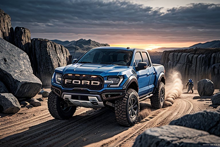 3 ford raptor big jumping in rocks, high detail ford raptor dark blue, natural photography, dramatic light, advertising shooting, 4k, high resolution, realistic photography, 13hs, sharpen more, truck lights are turn on, perfect details of the car, aereal shoot, 120 mph, alpha channel, more landscape, zoom out, sunset
