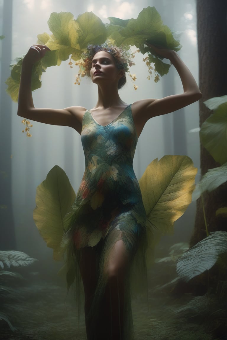 cinematic film still (Raw Photo:1.3) of (Ultrarealistic:1.3) an awarded profesional photo of Leafwhisper - A gentle, forest spirit with leaves and flowers growing from its body., ideal body posture,perfect body proportions, by jeremy mann, by sandra chevrier, by maciej kuciara,(masterpiece:1.2),(ultradetailed:1.1), ultrasharp, (perfect, body:1.1),(realistic:1.3),(real shadow:1.2), photo Fujifilm XT3,,(perfect body proportions:1.1) different posture, up arms, ((arms up)), rainbow,  in old used 1800 peasant clothing, crazy mad aggressive face and eyes, fantasy, concept art,NYFlowerGirl, arms up, tropical rain, jump up, full body, hands touch softly you face, close up
