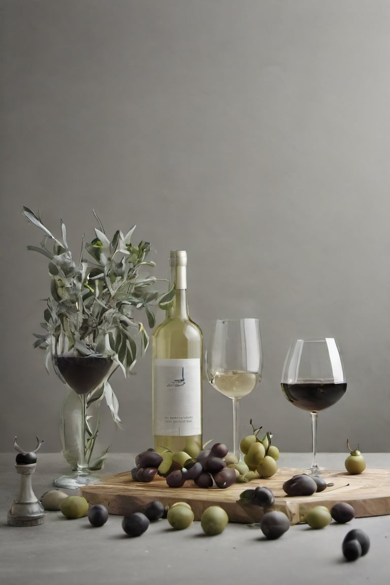  chesse and wines, bottles, glasses, foodstyling, minimal style location, OLIVES, GREY BACKGROUND