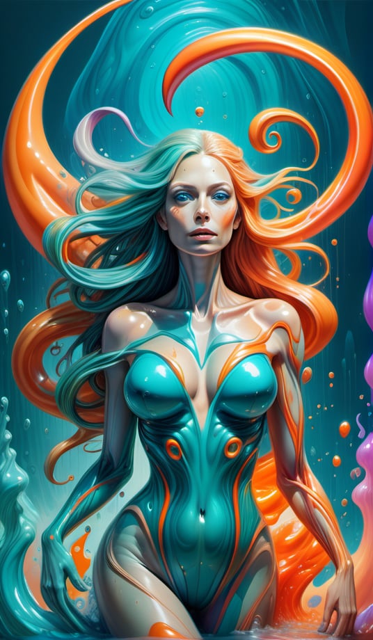 Raw, art illustration, hyperrealistic, style of Alex Grey, (teal and orange), beautiful woman, full body, long hair, breasts,  regatta, full-body side woman, saturated colors, psychedelic image, LSD, fractal, tattoo, painted body, bride, body tilted forward, lots of color saturation, intricated line, woman, vortex, ultra realistic, melting, swirl, xolorful, pastel color,  Leonardo Style,greg rutkowski,Magical Fantasy style,vector art illustration,chibi,cyborg style dildos rain