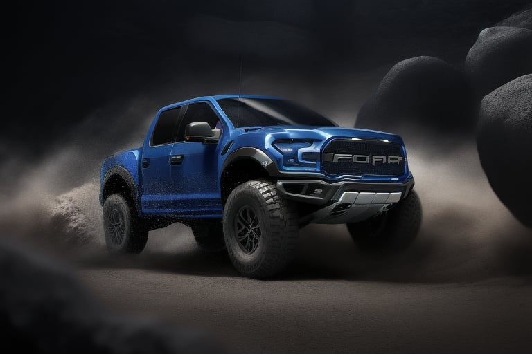 3 ford raptor big jumping in rocks, high detail ford raptor dark blue, natural photography, dramatic light, advertising shooting, 4k, high resolution, realistic photography, 13hs,  sharpen more, truck lights are  turn on, perfect details of the car, aereal shoot, 120 mph, alpha channel
