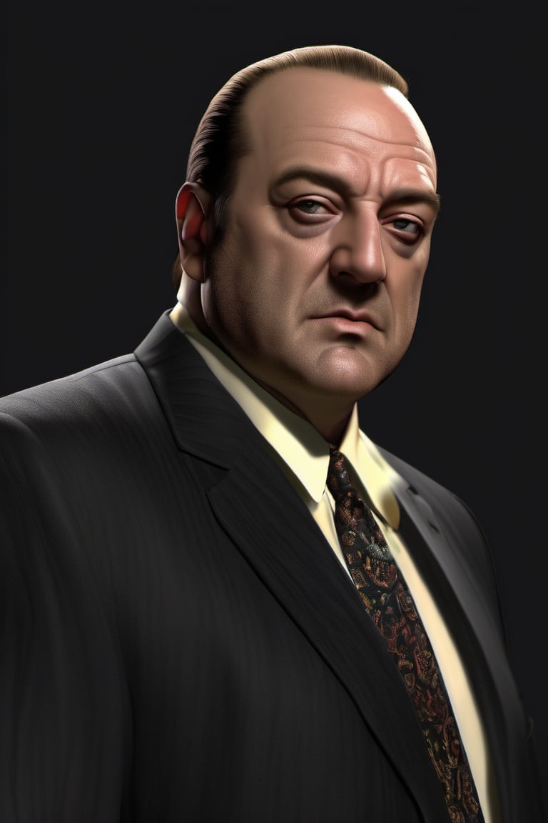 RAW natural photo OF  TONY SOPRANO realistic, no muscles, slim body, realisct, no friendly, ((full body)), sharp focus, depth of field, shoot, ,side shot, side shot, ultra hd, realistic, vivid colors, highly detailed, perfect composition, 8k artistic photography, photorealistic concept art, soft natural volumetric cinematic perfect light, black background studio, 