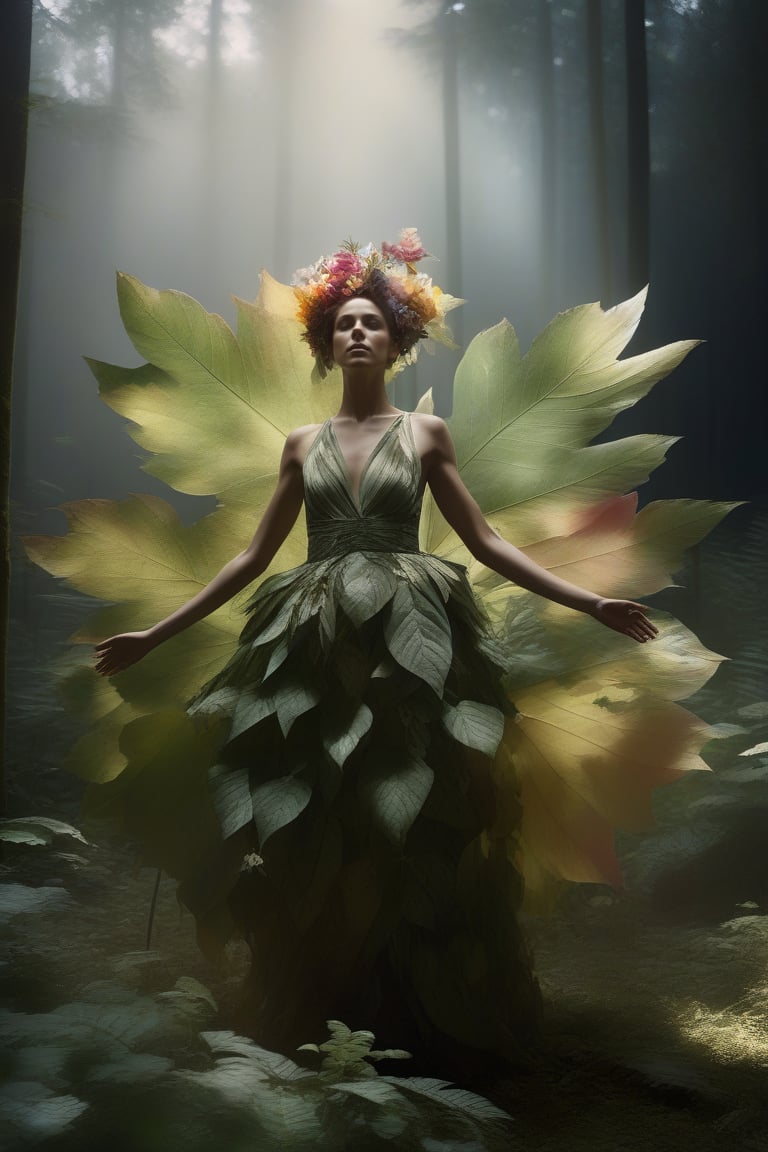 cinematic film still (Raw Photo:1.3) of (Ultrarealistic:1.3) an awarded profesional photo of Leafwhisper - A gentle, forest spirit with leaves and flowers growing from its body., ideal body posture,perfect body proportions, by jeremy mann, by sandra chevrier, by maciej kuciara,(masterpiece:1.2),(ultradetailed:1.1), ultrasharp, (perfect, body:1.1),(realistic:1.3),(real shadow:1.2), photo Fujifilm XT3,,(perfect body proportions:1.1) different posture, up arms, ((arms up)), rainbow,  in old used 1800 peasant clothing, crazy mad aggressive face and eyes, fantasy, concept art,NYFlowerGirl, arms up, tropical rain, jump up, full body, hands touch softly you face, close up