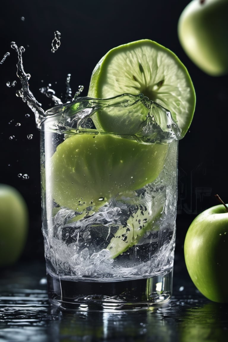 RAW natural photo Of movement glass of dry gin tonic splash, zoom out to the glass, scratch ice, 
two slices of fresh green apple , only one light cenital chimera, day advertising shooting (((infinite black  background))) , realistic photograph, sharp focus, depth of field, shoot, ,side shot, side shot, ultrahd, realistic, vivid colors, highly detailed, perfect composition, 8k, photorealistic concept art, soft natural volumetric cinematic perfect light, NIGHT RACE IN A CIRCUIT, ADVERTISING SHOT
,mecha,robot,cyborg style,cyborg