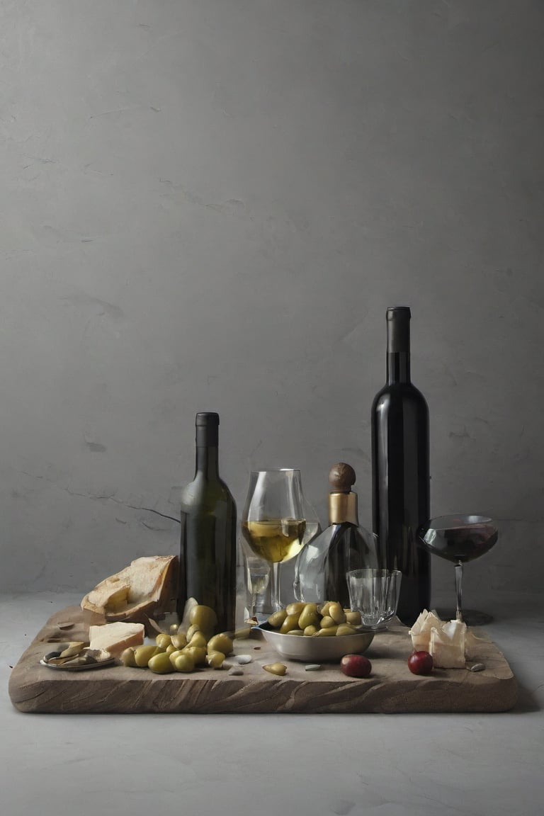  chesse and wines, bottles, glasses, foodstyling, minimal style location, OLIVES, DARK GREY BACKGROUND