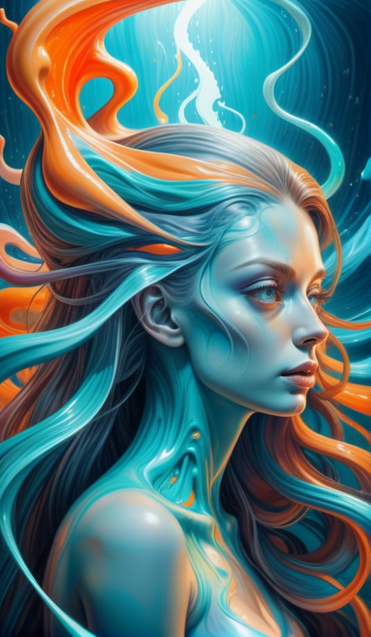 Raw, art illustration, hyperrealistic, style of Alex Grey, (teal and orange), beautiful woman, full body, long hair, breasts,  regatta, full-body side woman, saturated colors, psychedelic image, LSD, fractal, tattoo, painted body, bride, body tilted forward, lots of color saturation, intricated line, woman, vortex, ultra realistic, melting, swirl, xolorful, pastel color,  Leonardo Style,greg rutkowski,Magical Fantasy style,vector art illustration,chibi,cyborg style dildos rain, dildos, vagina, niples, ((view back model))