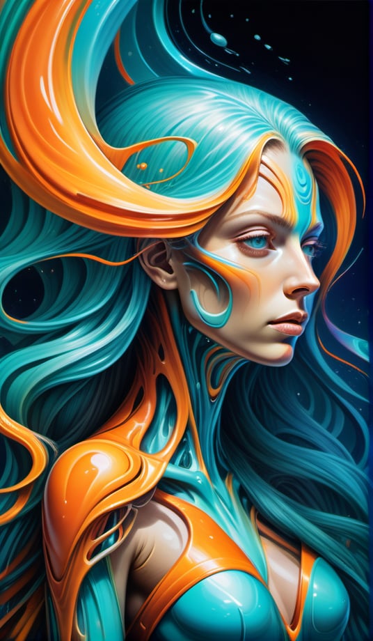 Raw, art illustration, hyperrealistic, style of Alex Grey, (teal and orange), beautiful woman, full body, long hair, breasts,  regatta, full-body side woman, saturated colors, psychedelic image, LSD, fractal, tattoo, painted body, bride, body tilted forward, lots of color saturation, intricated line, woman, vortex, ultra realistic, melting, swirl, xolorful, pastel color,  Leonardo Style,greg rutkowski,Magical Fantasy style,vector art illustration,chibi,cyborg style