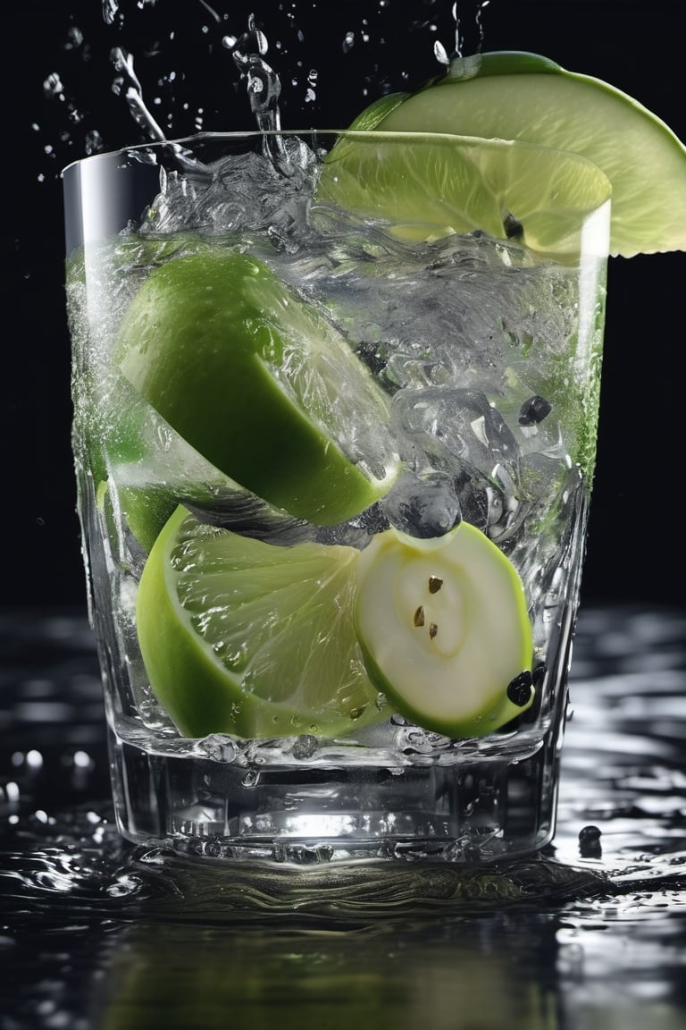 RAW natural photo Of movement glass of dry gin tonic splash, zoom out to the glass, scratch ice, 
two slices of fresh green apple , only one light cenital chimera, day advertising shooting (((infinite black  background))) , realistic photograph, sharp focus, depth of field, shoot, ,side shot, side shot, ultrahd, realistic, vivid colors, highly detailed, perfect composition, 8k, photorealistic concept art, soft natural volumetric cinematic perfect light, NIGHT RACE IN A CIRCUIT, ADVERTISING SHOT
,mecha,robot,cyborg style,cyborg
