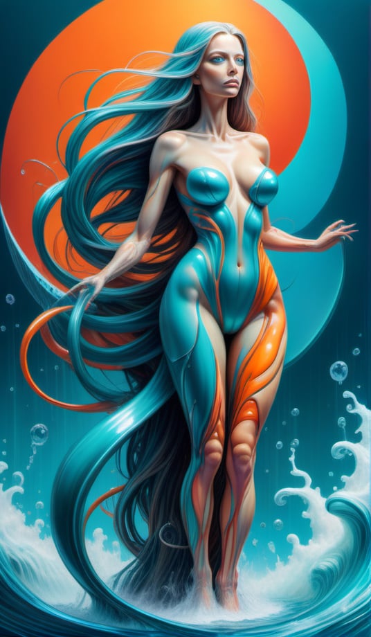 Raw, art illustration, hyperrealistic, style of Alex Grey, (teal and orange), beautiful woman, full body, long hair, breasts,  regatta, full-body side woman, saturated colors, psychedelic image, LSD, fractal, tattoo, painted body, bride, body tilted forward, lots of color saturation, intricated line, woman, vortex, ultra realistic, melting, swirl, xolorful, pastel color,  Leonardo Style,greg rutkowski,Magical Fantasy style,vector art illustration,chibi,cyborg style dildos rain, dildos, vagina, niples, view back