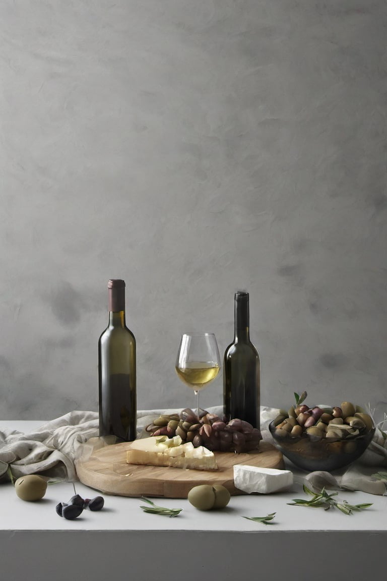  chesse and wines, bottles, glasses, foodstyling, minimal style location, OLIVES, GREY BACKGROUND