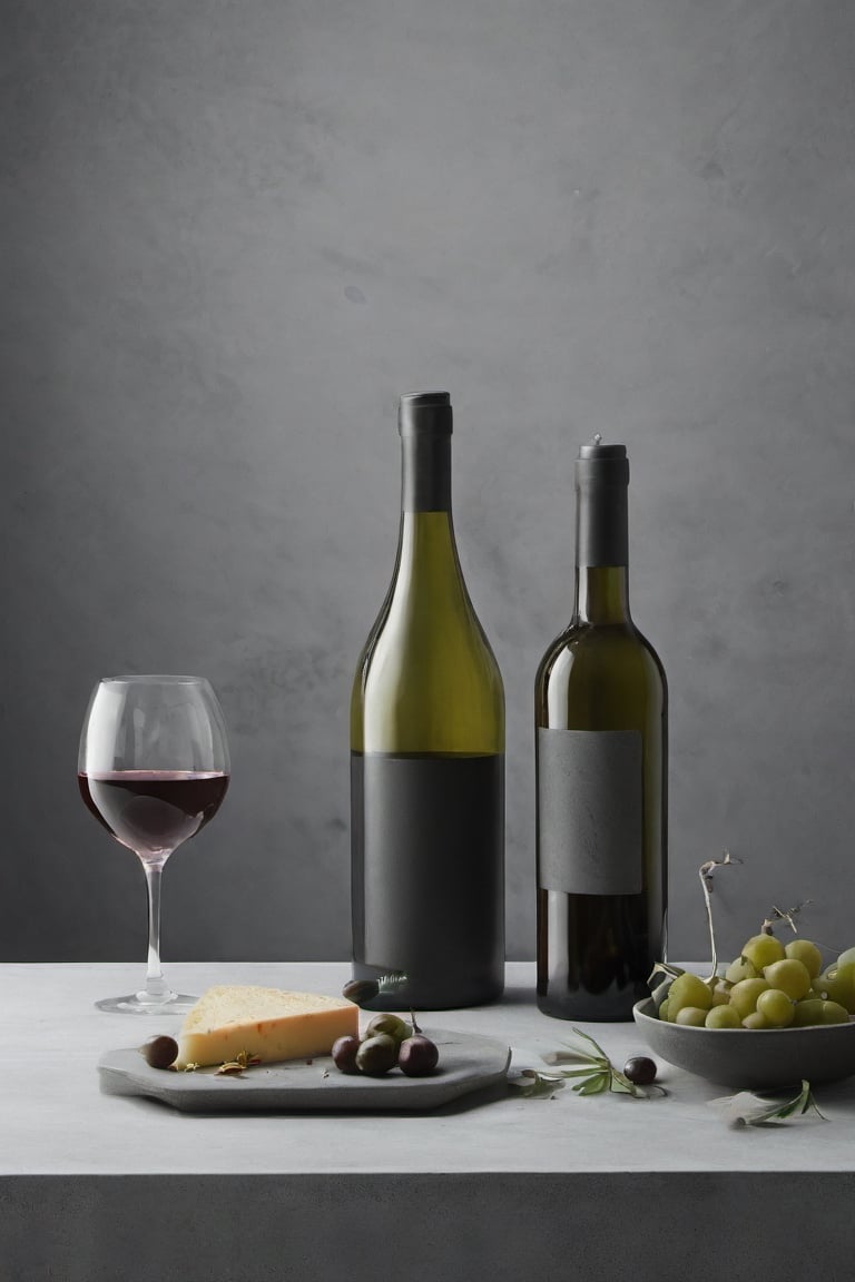  chesse and wine, bottles, glasses, foodstyling, minimal style location, OLIVES, CONCRET DARK GREY BACKGROUND, SERVED SQUIRT WINE , CENITAL SHOOT BOTTLE
