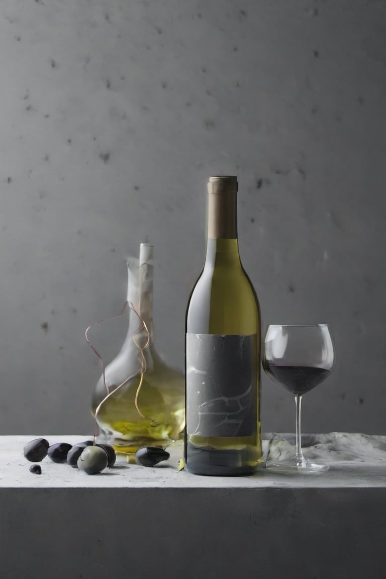  chesse and wine, bottles, glasses, foodstyling, minimal style location, OLIVES, CONCRET DARK GREY BACKGROUND, SERVED SQUIRT WINE BOTTLE
