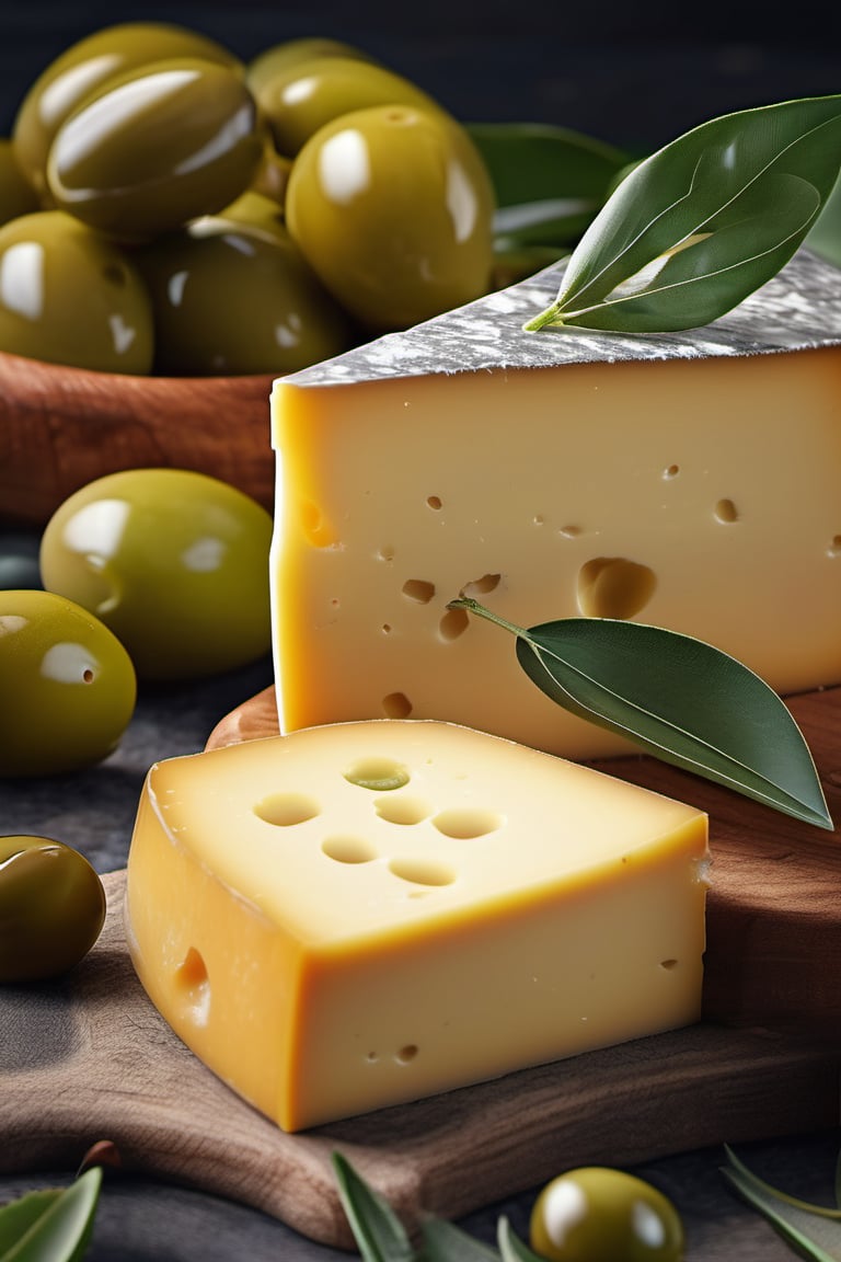RAW natural photo big peace of gruyere cheese, masterpiece, oiled, side shot, ultra hd, realistic, olives, leaves of olive, vivid colors, highly detailed, perfect composition, beautiful, almounds, detailed intricate insanely detailed octane render trending on artstation, 8k artistic photography, photorealistic concept art, soft natural volumetric cinematic perfect light