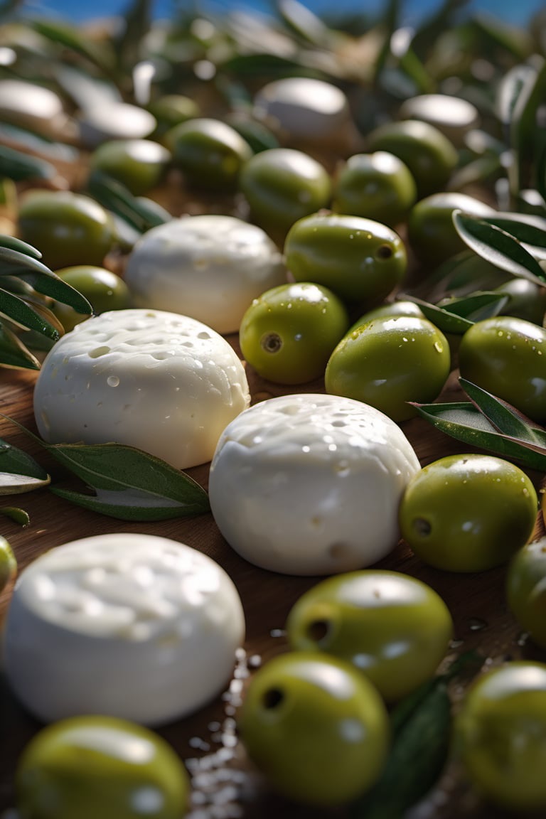 RAW natural photo of rain almounds cheese, masterpiece, oiled, side shot, ultra hd, realistic, olives, leaves of olive, vivid colors, highly detailed, perfect composition, beautiful, almounds, detailed intricate insanely detailed octane render trending on artstation, 8k artistic photography, photorealistic concept art, soft natural volumetric cinematic perfect light