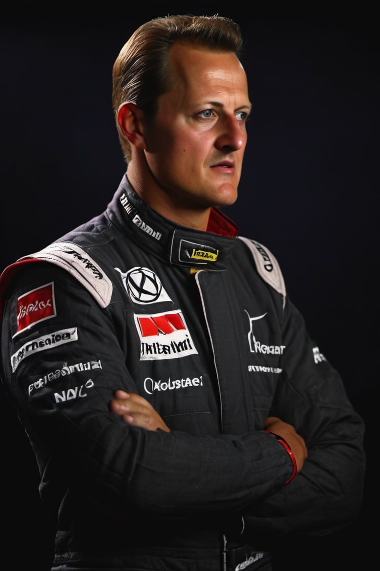 RAW natural photo OF real michael schumacher, slim body, realisct, no friendly, ((full body)), sharp focus, depth of field, shoot, ,side shot, side shot, ultra hd, realistic, vivid colors, highly detailed, perfect composition, 8k artistic photography, photorealistic concept art, soft natural volumetric cinematic perfect light, black background studio, ,OHWX, ,OHWX WOMEN 