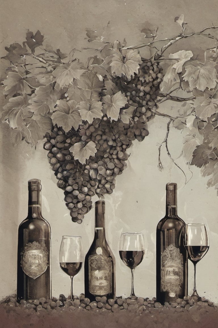 grapes malbec vendimia cuyo wineyards iilustration wines bottles glasses

