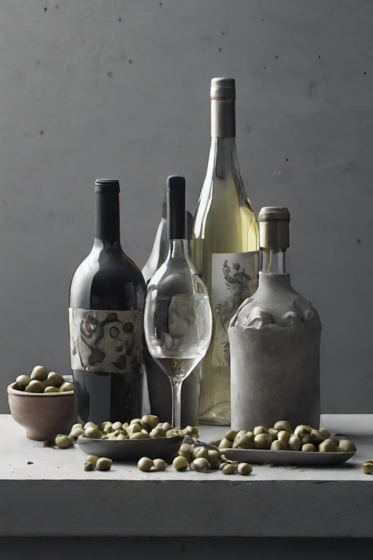  chesse and wine, bottles, glasses, foodstyling, minimal style location, OLIVES, CONCRET DARK GREY BACKGROUND, SERVED SQUIRT WINE , CENITAL SHOOT BOTTLE, MUSHROOMS

