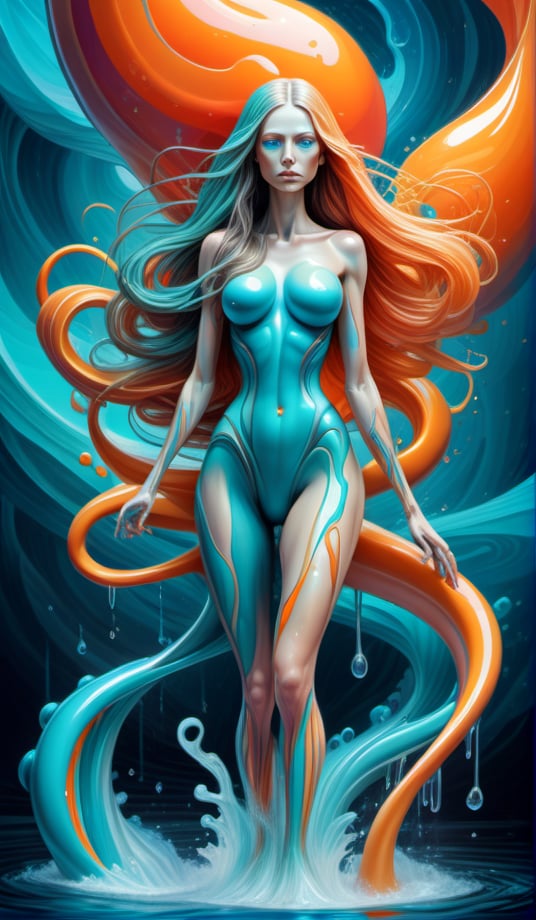 Raw, art illustration, hyperrealistic, style of Alex Grey, (teal and orange), beautiful woman, full body, long hair, breasts,  regatta, full-body side woman, saturated colors, psychedelic image, LSD, fractal, tattoo, painted body, bride, body tilted forward, lots of color saturation, intricated line, woman, vortex, ultra realistic, melting, swirl, xolorful, pastel color,  Leonardo Style,greg rutkowski,Magical Fantasy style,vector art illustration,chibi,cyborg style dildos rain