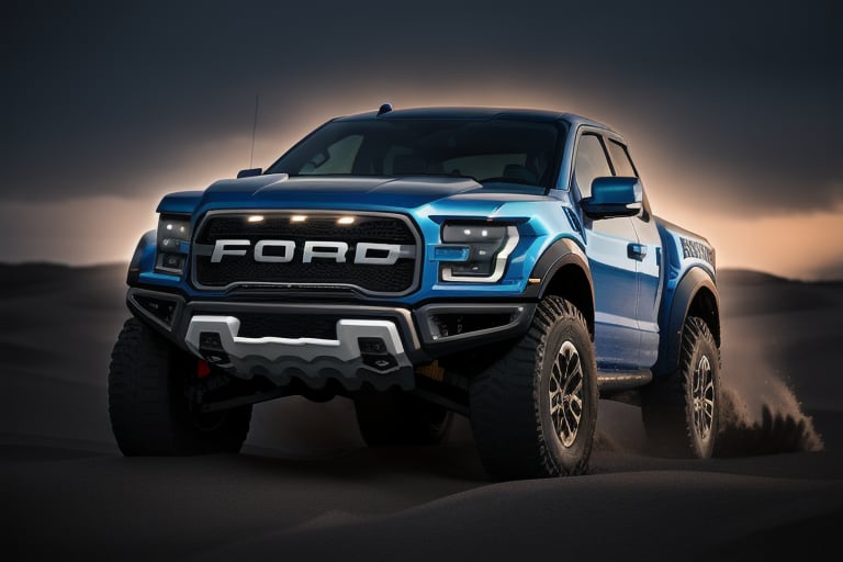 ford raptor big jump, dunes, high detail ford raptor dark blue, natural photography, dramatic light, advertising shooting, 4k, high resolution, lens 400mm 2.8f, big lake, realistic photography, sunset, sharpen more, trucklights turn on, perfect details of the car