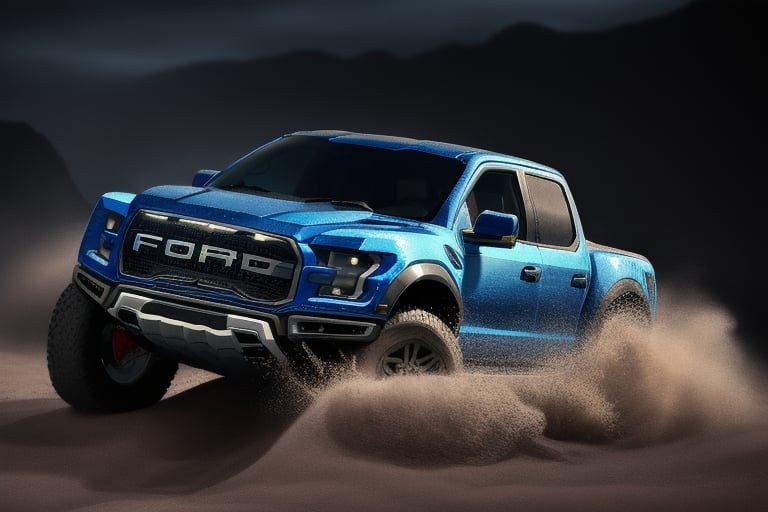 3 ford raptor big jumping in rocks, high detail ford raptor dark blue, natural photography, dramatic light, advertising shooting, 4k, high resolution, realistic photography, 13hs,  sharpen more, truck lights are  turn on, perfect details of the car, aereal shoot, 120 mph, alpha channel
