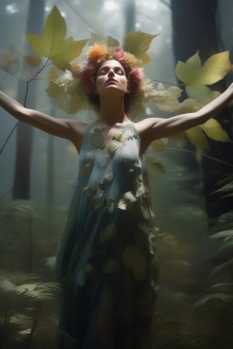 cinematic film still (Raw Photo:1.3) of (Ultrarealistic:1.3) an awarded profesional photo of Leafwhisper - A gentle, forest spirit with leaves and flowers growing from its body., ideal body posture,perfect body proportions, by jeremy mann, by sandra chevrier, by maciej kuciara,(masterpiece:1.2),(ultradetailed:1.1), ultrasharp, (perfect, body:1.1),(realistic:1.3),(real shadow:1.2), photo Fujifilm XT3,,(perfect body proportions:1.1) different posture, up arms, ((arms up)), rainbow,  in old used 1800 peasant clothing, crazy mad aggressive face and eyes, fantasy, concept art,NYFlowerGirl, arms up