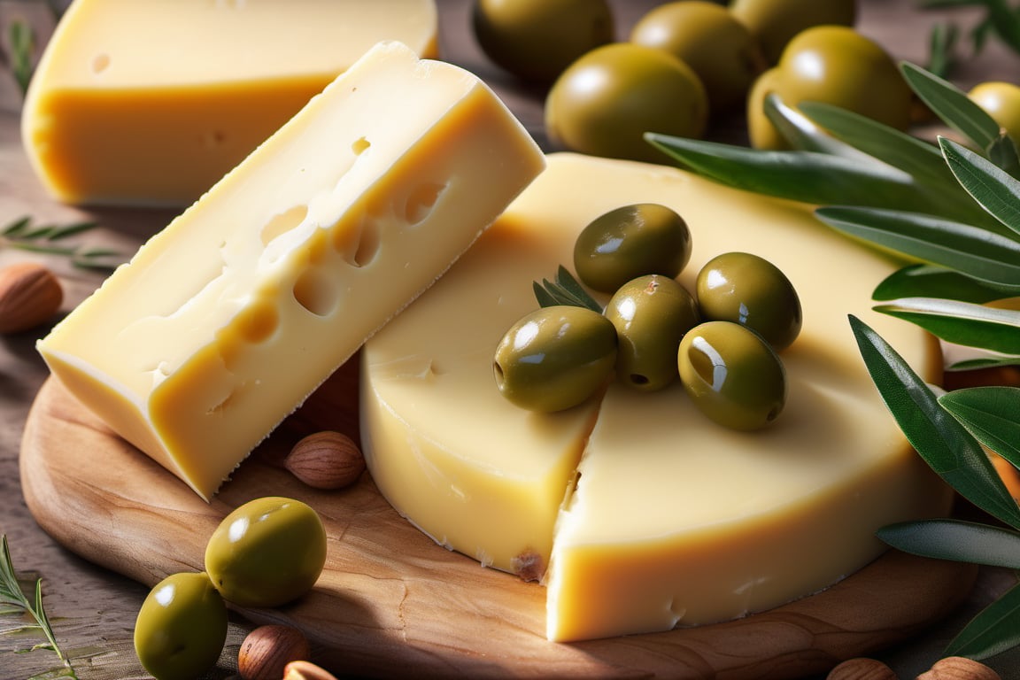 RAW natural photo peace of gruyere cheese, masterpiece, side shot, side shot, ultra hd, realistic, olives, leaves of olive, vivid colors, highly detailed, perfect composition, beautiful detailed intricate insanely detailed octane render trending on artstation, 8k artistic photography, photorealistic concept art, soft natural volumetric cinematic perfect light