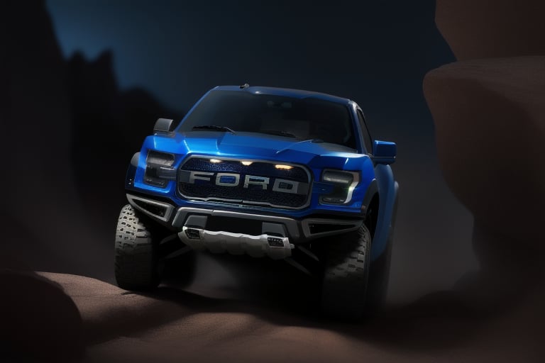 3 ford raptor big jumping in great canyon, high detail ford raptor dark blue, natural photography, dramatic light, advertising shooting, 4k, high resolution, realistic photography, 13hs,  sharpen more, truck lights are  turn on, perfect details of the car, aereal shoot, 120 mph, alpha channel
