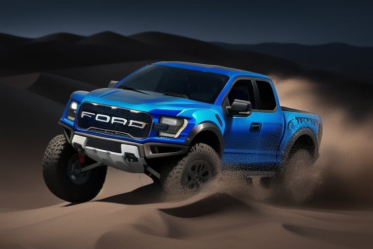 3 ford raptor big jumping in a dunes, high detail ford raptor dark blue, natural photography, dramatic light, advertising shooting, 4k, high resolution, realistic photography, middle day, sharpen more, truck lights are  turn on, perfect details of the car, aereal shoot, 120 mph
