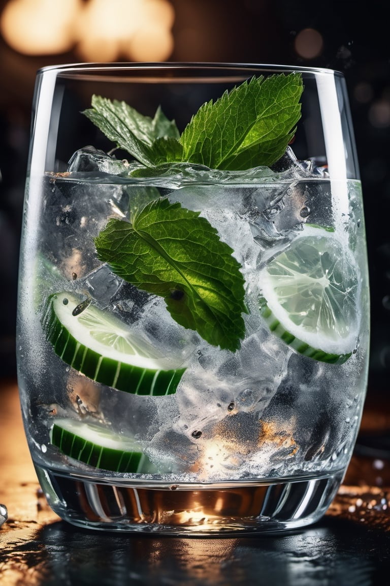 RAW natural photo Of movingt glass of dry gin tonic splash, zoom out to the glass, scratch ice, 
two slices of fresh cucumber and a mint leaf , only one light cenital chimera, day advertising shooting (((infinite black  background))) , realistic photograph, sharp focus, depth of field, shoot, ,side shot, side shot, ultrahd, realistic, vivid colors, highly detailed, perfect composition, 8k, photorealistic concept art, soft natural volumetric cinematic perfect light, NIGHT RACE IN A CIRCUIT, ADVERTISING SHOT
,mecha,robot,cyborg style,cyborg
