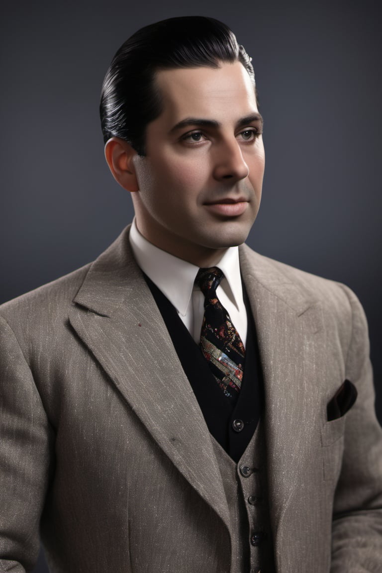 RAW natural photo OF real carlos gardel now, slim body, realisct, no friendly, ((full body)), sharp focus, depth of field, shoot, ,side shot, side shot, ultra hd, realistic, vivid colors, highly detailed, perfect composition, 8k artistic photography, photorealistic concept art, soft natural volumetric cinematic perfect light, black background studio, ,OHWX, ,OHWX WOMEN 