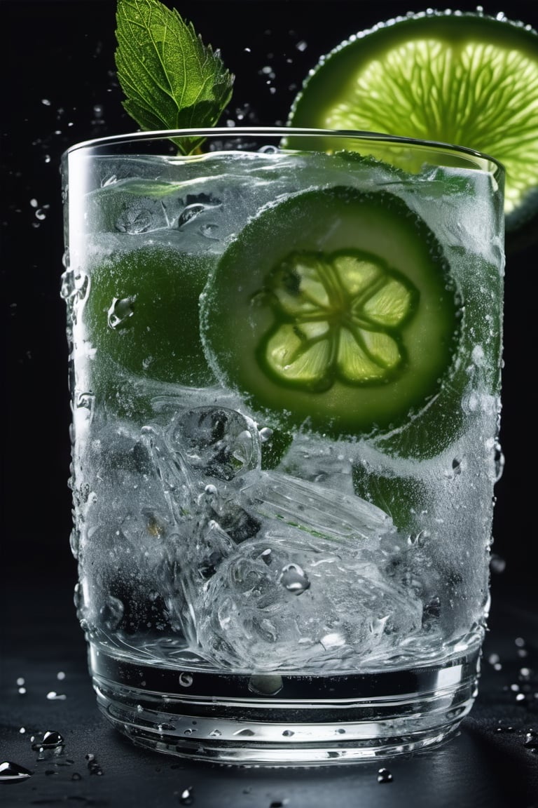 RAW natural photo Of movingt glass of dry gin tonic splash, zoom out to the glass, scratch ice, 
two slices of fresh cucumber and a mint leaf , only one light cenital chimera, day advertising shooting (((infinite black  background))) , realistic photograph, sharp focus, depth of field, shoot, ,side shot, side shot, ultrahd, realistic, vivid colors, highly detailed, perfect composition, 8k, photorealistic concept art, soft natural volumetric cinematic perfect light, NIGHT RACE IN A CIRCUIT, ADVERTISING SHOT
,mecha,robot,cyborg style,cyborg