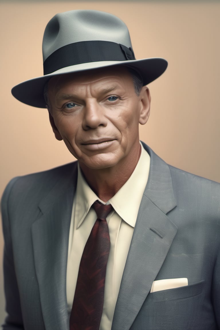 RAW natural photo PORTRAIT of FRANK SINATRA realistic, no muscles, slim body, realisct, no friendly, ((full body)), sharp focus, depth of field, shoot, ,side shot, side shot, ultra hd, realistic, vivid colors, highly detailed, perfect composition, 8k artistic photography, photorealistic concept art, soft natural volumetric cinematic perfect light, black background studio,