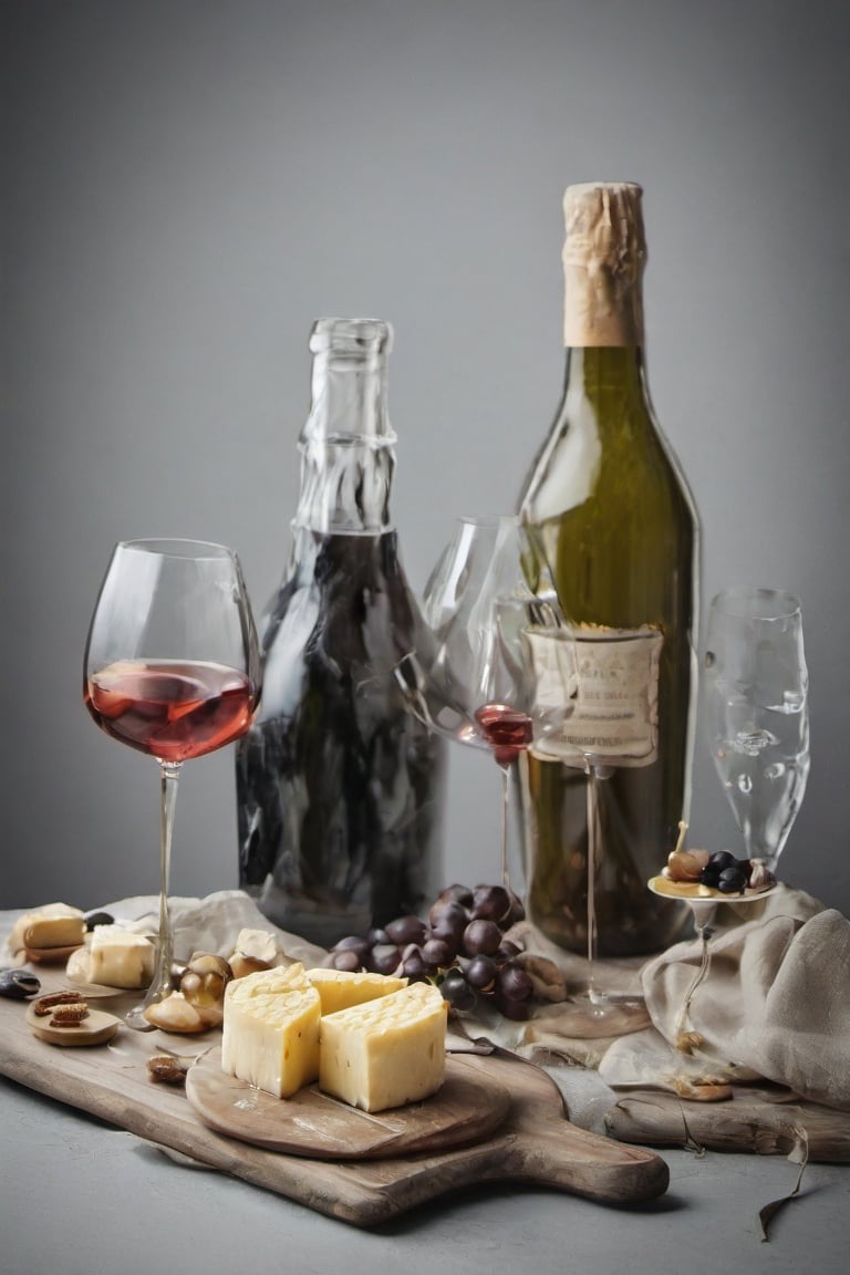  chesse and wines, bottles, glasses, foodstyling