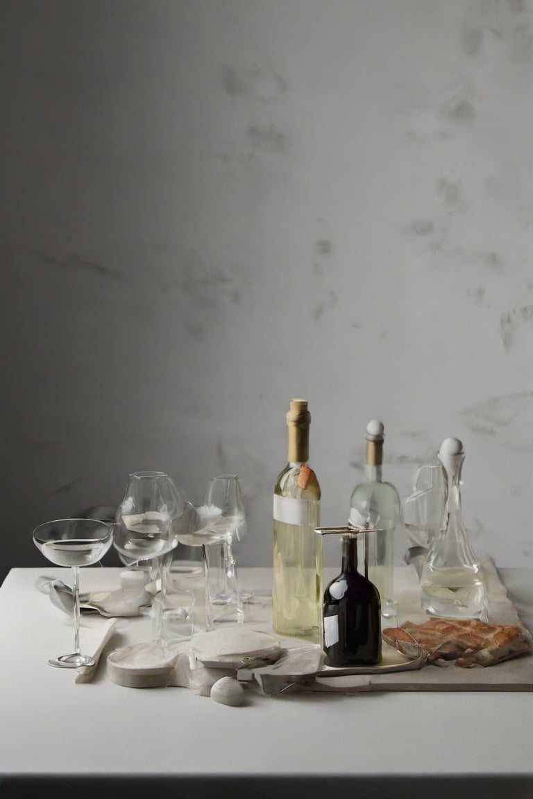  chesse and wines, bottles, glasses, foodstyling, minimal style location, 