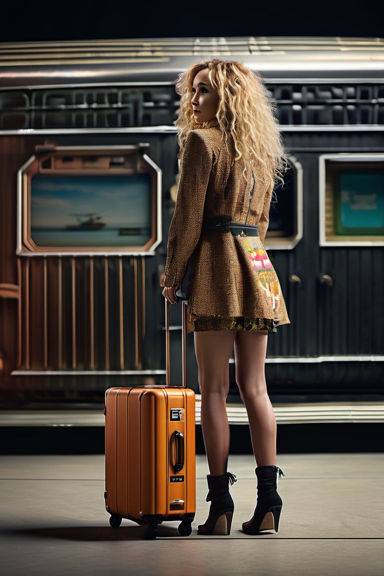 RAW natural photo OF travel suitcase futurist style, hangar context, advertising shooting realistic photography, no friendly, ((full body)), sharp focus, depth of field, shoot, ,side shot, side shot, ultra hd, realistic, vivid colors, highly detailed, perfect composition, 8k artistic photography, photorealistic concept art, soft natural volumetric cinematic perfect light, black background studio, ADVERTISING SHOT
,Juno Temple