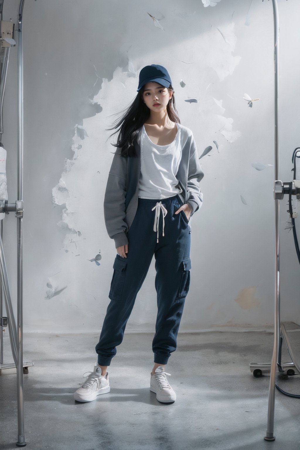 capturing a model, woman wearing long cardigan with white t-shirts, deep blue washing cargo jogger pant, skate shoes, black bucket hat with small detail, Canon EOS-1D, f/5.6, grey background, studio light set