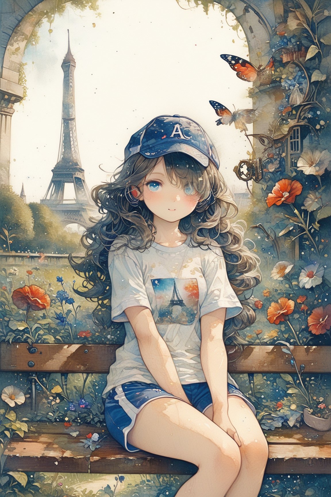 Master piece, generate image of a Girl with headphones, cap, dreamy expression, sitting a bench in the gardens of the Eiffel tower, training wear, t-shirt and sport shorts, (ultra detailed perfect piece:1.2), illustration, masterpiece, (extremely detailed CG 8k), (very fine 8K CG), (1girl:1.2), (dark hair), long hair, wavy hair, hair over one eye, sparkling, light blue eyes, looking at side,