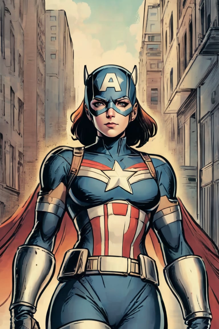 photo realistic, full body (Sarah Jordan), dressed in a very tight Captain America suit, black hair, long wavy hair (tetradic colors), no mask, night city background, inkpunk, full shot, cel-shading style, centered image, ultra detailed illustration, ink lines, strong contours, art nouveau, MSchiffer art, bold strokes, no frame, high contrast, cellular shading, vector, 32k resolution, best quality, procreation, watercolor technique, poster design, 300dpi, soft lighting, ethereal art, mysterious and serene expression, charming atmosphere, bokeh, photography, 8k, dark and dynamic action, pale faded style, dreamy nostalgic, soft focus, dark vignetting, light leaks, medium photography, art painting of shadows, ethereal photography, whimsical and rough grain