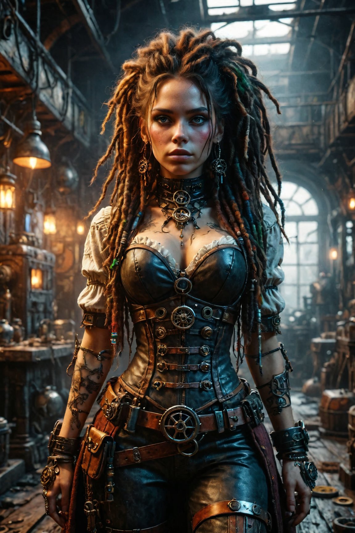 Very beautiful Steampunk lady, (((with dreadlocks multicolors))) long hair, steampunk outfit and weapon, hyperrealism, photorealistic, 8k, unreal engine