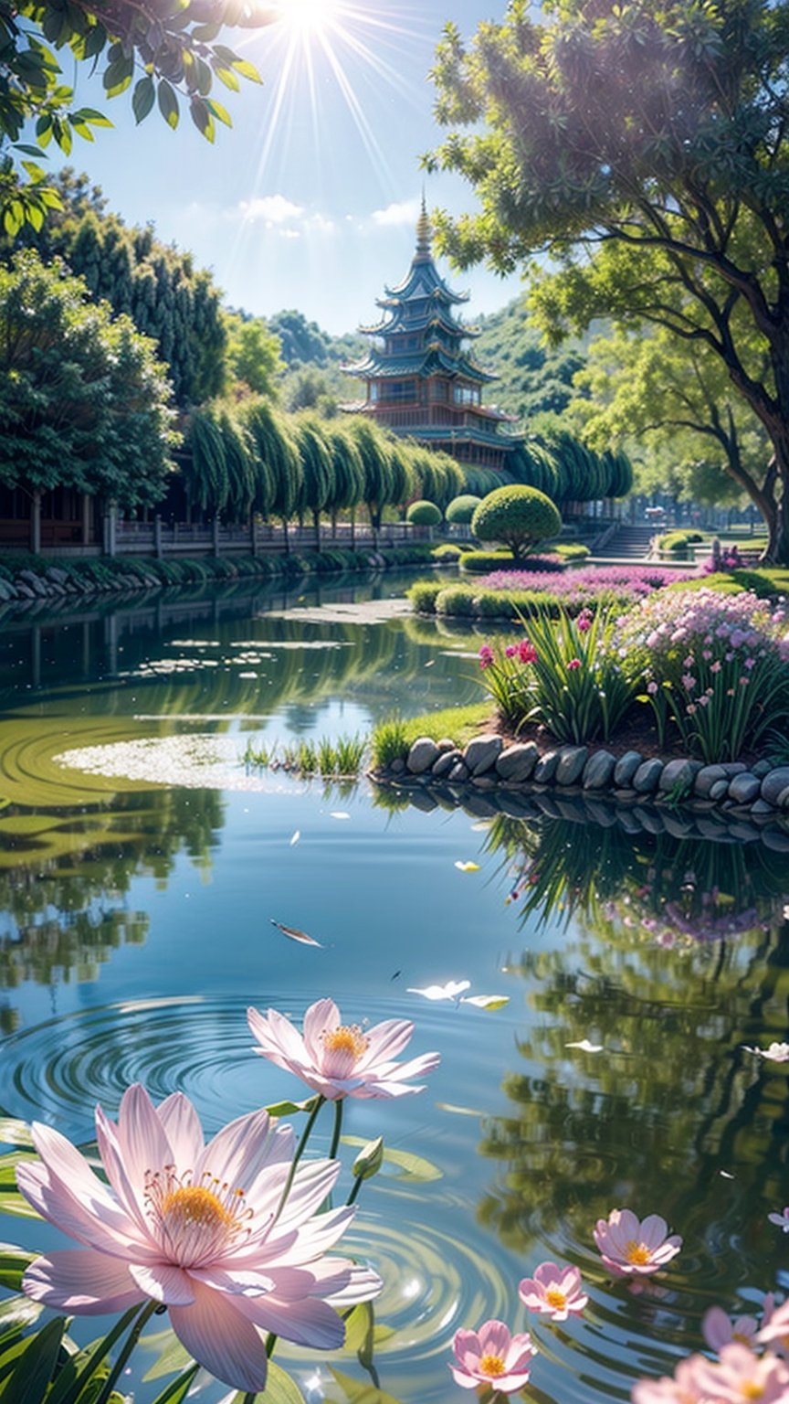 (extremely detailed CG unity 8k wallpaper),(((masterpiece))), (((best quality))), ((ultra-detailed)), (best illustration),(best shadow), ((an extremely delicate and beautiful)),dynamic angle,floating, fairyland,dynamic angle,sea of flowers,beautiful detailed garden,wind,classic,spring, (detailed light),feather, nature, (sunlight), river, forest,(((floating palace))),((the best building)),beautiful and delicate water,(painting),(sketch),(bloom),(shine)