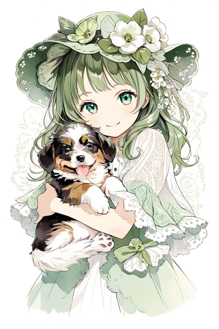 A cute little girl with big green eyes, florish large hat, smiling to camera, hugging a cute puppy. Ultra realistic photo.