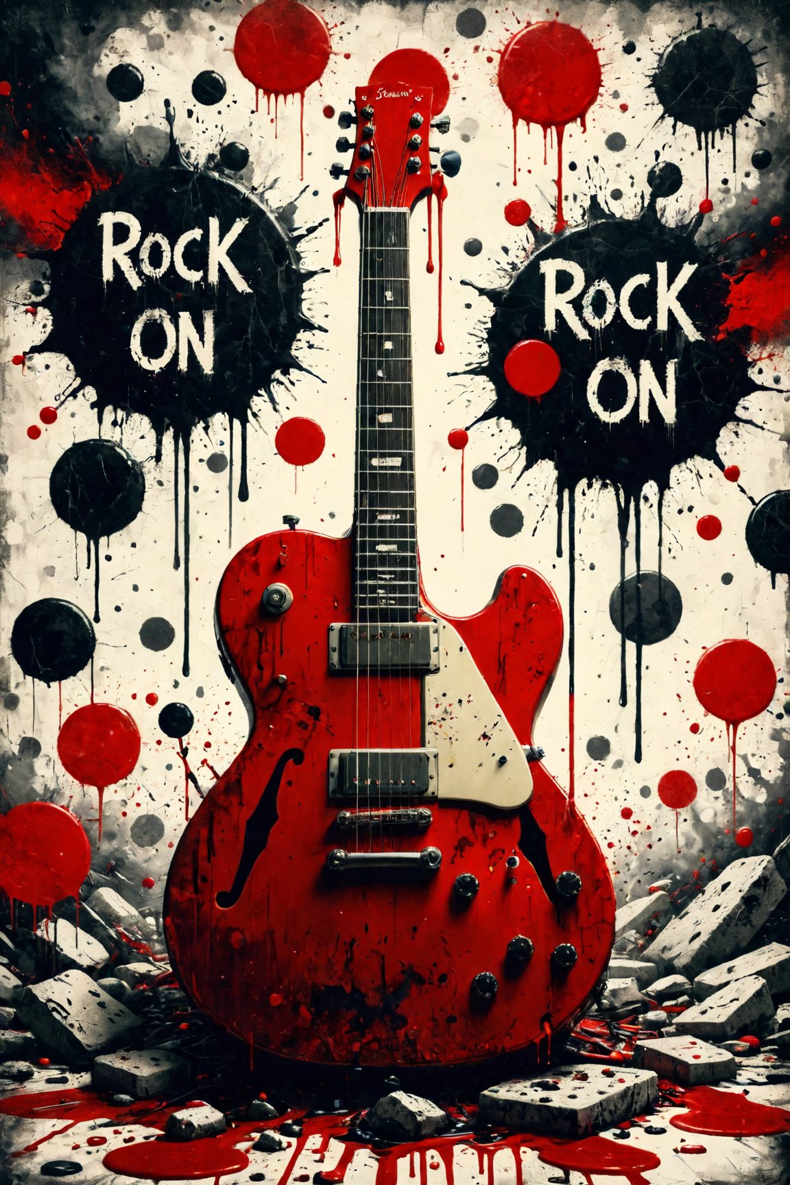 (An amazing and captivating abstract illustration:1.4), english text, text focus, cover, album cover, (red guitar:1.2), black stains, (dripping white paint:1.1), (grunge style:1.4), (colorful and minimalistic:1.3), (2004 aesthetics:1.2),(beautiful vector shapes:1.3), with (the white text "ROCK ON!":1.4), text block. BREAK (red background:1.3), (red theme:1.1), sharp details. BREAK highest quality, detailed and intricate, original artwork, trendy, no humans, vintage, award-winning, artint, SFW,PoP art,japanese art,Ukiyo-e
